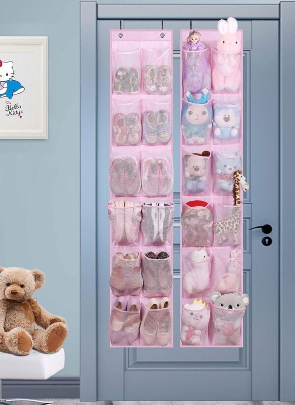 MISSLO Kids Over the Door Shoe Organizer Baby Hanging Shoe Rack Narrow Closet Storage bags with 12 Mesh Pockets for Girl Women Men Toddler Nursery, 2 Packs, Pink - Image 6