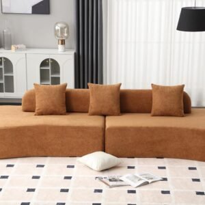 130.5″*37″ Modern curved combination sofa with terrycloth fabric,3 Pillows Minimalist sofa couch for Primary Living Space, Apartment,Living room, Bedroom,Office(Brown)