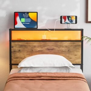 Twin Size Storage Headboard with LED Lights & Charging Station,Headboards with Outlets,Industrial Black Metal and Wood Construction,headboard Only for Bedroom,Attach Frame