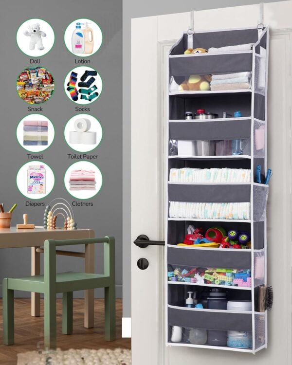 ULG 1 Pack Over Door Organizer with 5 Large Pockets 10 Mesh Side Pockets, 44 lbs Weight Capacity Hanging Storage Organizer with Clear Window Kids Toys, Shoes, Diapers, Dark Grey, 5 Layers - Image 5