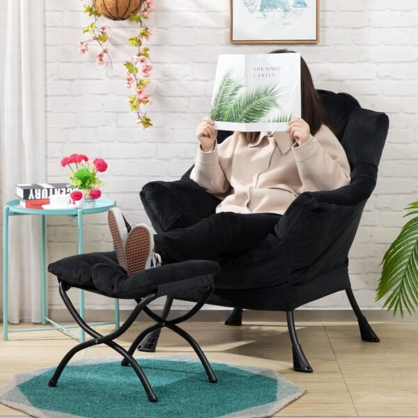 AcozyHom Modern Fabric Large Lazy Chair, Accent Oversized Comfy Reading Chair, Thick Padded Cozy Lounge Chair with Armrest, Steel Frame Leisure Sofa Chair for Living Room, Bedroom, Dorm, Black - Image 5