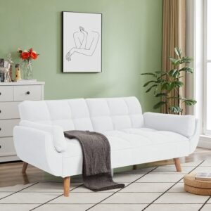 Setawix Velvet Futon Sofa Couch,Convertible Sleeper Sofa Bed for Living Room Small Spaces,Tufted Futons with Slpit Back,Modern Guest Sofa Bed Twin Sleeper with Pillow Arms (Corduroy Velvet White)