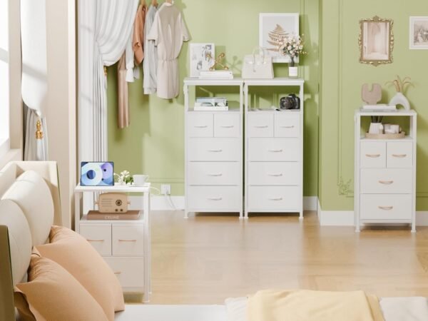 Furnulem Tall Nightstand with 5 Fabric Drawers, White Dresser for Bedroom with LED Lights and Charging Station, Vertical Bedside Table for Hallway, Entryway, Wood Top, Living Room Furniture - Image 4