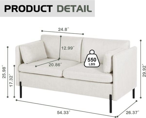 LINLUX 55'' Modern Loveseat Sofa Couch, Small Couches for Living Room, 2 Seat Couch for Small Spaces, Office, Bedroom, Apartment, with 2 Pillows, Beige - Image 2