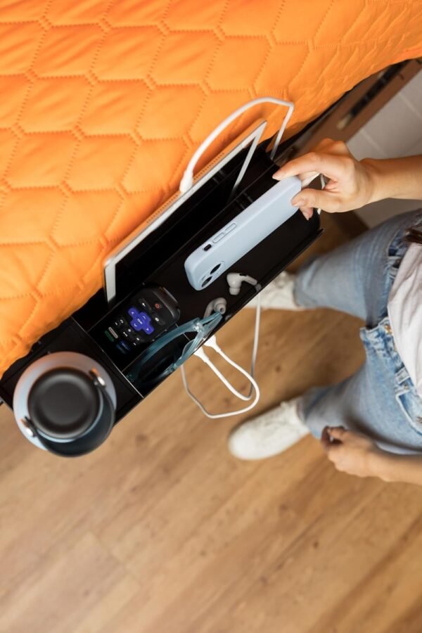 Squirrel-Bedside Perch for College Dorm Room Lofted Bed, Floating Organizer with USB-C & A Charging Ports, Small Spaces, Bed Side Caddy & Nightstand, Device & Cup Holder, Dorm Essential, Black - Image 4