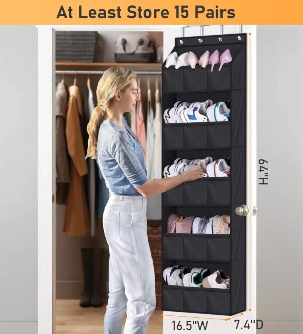 AOODA Over The Door Shoe Organizer Storage, Holds 15 Pairs Hanging Shoe Rack for Door with Large Deep Pockets, Narrow Door Shoe Holder for Closet Wall with 4 Hooks, Black - Image 2