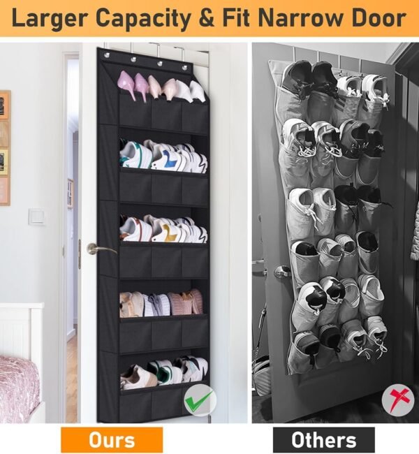 AOODA Over The Door Shoe Organizer Storage, Holds 15 Pairs Hanging Shoe Rack for Door with Large Deep Pockets, Narrow Door Shoe Holder for Closet Wall with 4 Hooks, Black - Image 5