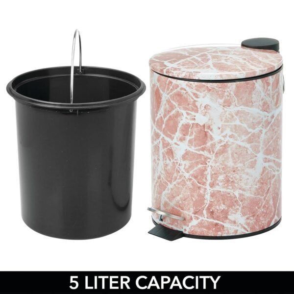 mDesign Metal 1.3 Gallon/5 Liter Round Step Trash Wastebasket, Garbage Container Bin with Lid for Bathroom, Powder Room, Bedroom, Kitchen, Craft Room, Office - Removable Liner Bucket - Pink Marble - Image 5