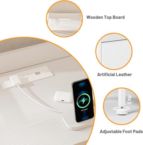 White Nightstand with Charging Station, LED Nightstand with 4 Fabric Storage Drawers, Small Dresser for Bedroom, Entryway, Hallway, College Dorm Furniture Tall Nightstand Bedside End Table - Image 7