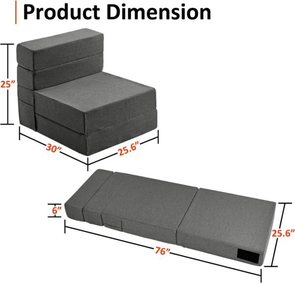 Single Size Folding Lazy Sofa Bed - Convertible Floor sofa with Two Large Pockets Lounge Chaise - Memory Foam Floor mattress Foldable for Living Room/Dorm/Guest/Home Office/Apartment (Dark Grey) - Image 2