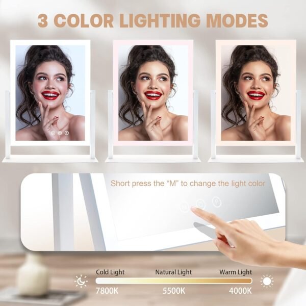 Lighted Makeup Mirror, Hollywood Vanity Mirror with Lights and Detachable 10X Magnification Mirror, 3 Color Lights, 1000mAh Rechargeable Makeup Mirror with Lights, 360° Rotation, Touch Control - Image 3