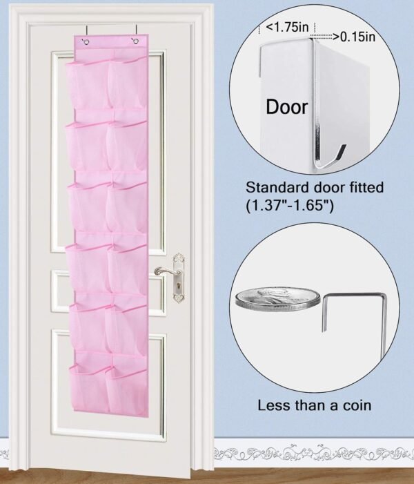 MISSLO Kids Over the Door Shoe Organizer Baby Hanging Shoe Rack Narrow Closet Storage bags with 12 Mesh Pockets for Girl Women Men Toddler Nursery, 2 Packs, Pink - Image 4