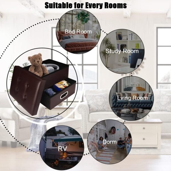 AmasSmile® Folding Storage Ottoman Foot Rest Stool with Drawers, 16 inch Leather Footstool Bench, Short Ottoman Bench, Storage Foot Rest Store, Books,Records Support 300 lbs, Brown - Image 7
