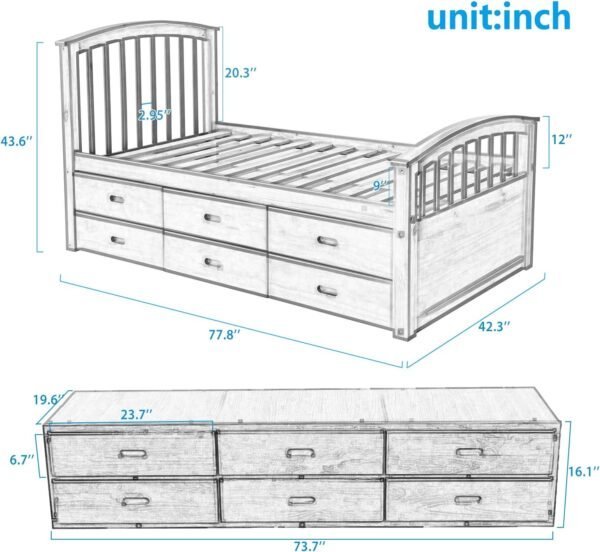 SOFTSEA Twin Storage Bed with 6 Drawers, Captain Bed for Kids Teens, Platform Bed with Headboard for Bedroom, Solid Wood Bed Frame, White - Image 2