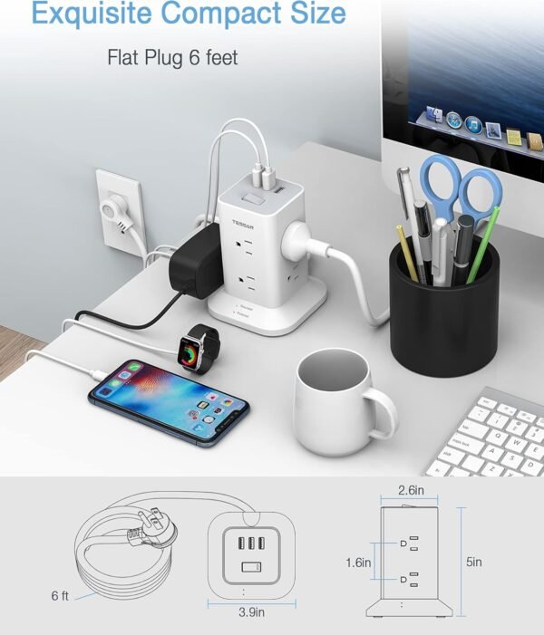 Tower Power Strip with 6 Feet Extension Cord, 8 Outlets 3 USB Chargers, 1700 Joules Surge Protection, Extension Cord with Multiple Outlets, 1875W, Office Supplies, Dorm Essentials, Charging Station - Image 7