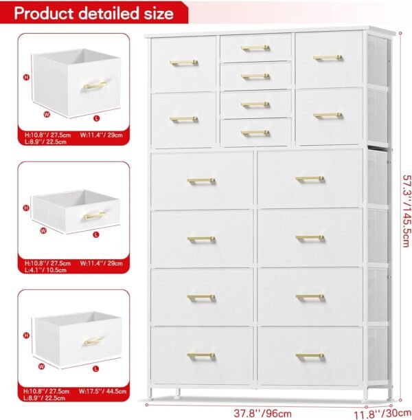 Dresser for Bedroom with 16 Drawers, Tall Dresser Organizer for Closet, Entry, Living Room, Nursery, Dorm, Chest of Drawers with Fabric Bins, Leather Front, Metal Handle, Glacier White - Image 3