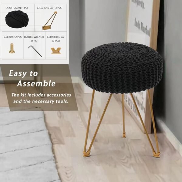 Round Boho Pouf Stool Ottoman, Hand Knitted Pouffe, Cotton Braided Cord Seat with Gold Metal Legs, Home Decor Foot Rest for Living Room, Bedroom (Black) - Image 5