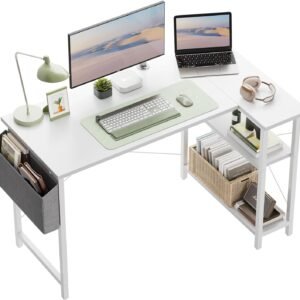 CubiCubi L Shaped Desk, 40″ Computer Desk with Reversible Storage Shelves Home Office Corner Desk Study Writing Gaming Table, White