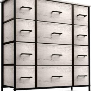 Sorbus Dresser with 12 Faux Wood Drawers – Large Storage Chest Organizer Unit with Steel Frame, Wood Top, Easy Pull Fabric Bins for Bedroom Furniture, Hallway, Living Room, Nursery, Closet & College