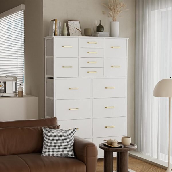 Dresser for Bedroom with 16 Drawers, Tall Dresser Organizer for Closet, Entry, Living Room, Nursery, Dorm, Chest of Drawers with Fabric Bins, Leather Front, Metal Handle, Glacier White - Image 7