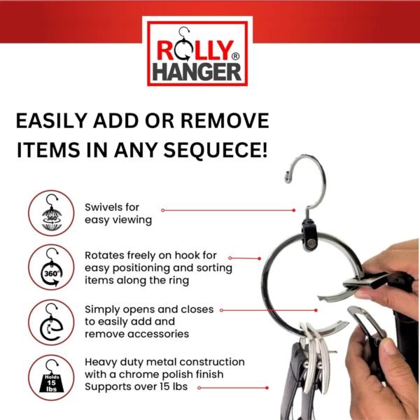 Multipurpose Closet Hanger Organizer ROLLY HANGER Great Space Saver Cut Clutter in The Closet Ideal Organizer for Belts, Baseball Hats, Ties, Scarves, Purses and Much More Versatile Hanger - Image 7