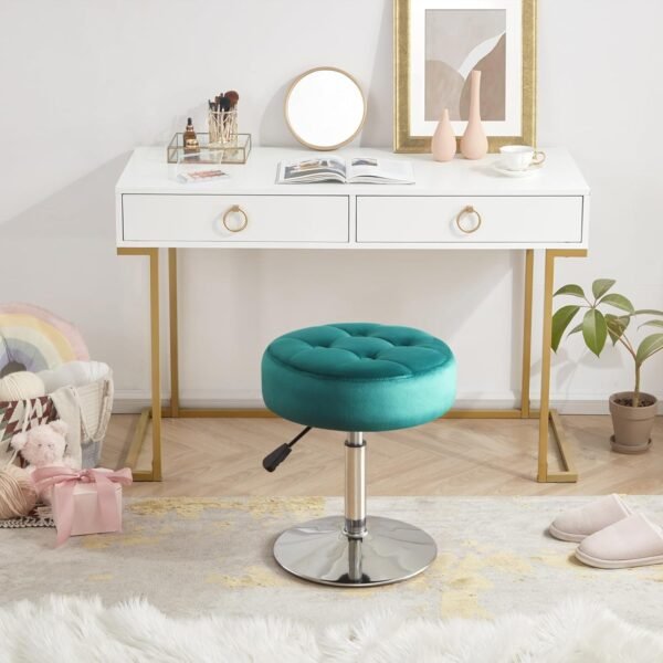 Teal Green Vanity Chair for Makeup Room Vanity Stool for Makeup Room Round Velvet Ottoman Tufted Makeup Chair Vanity Stools for Bathroom Height Adjustable 360 Swivel - Image 2