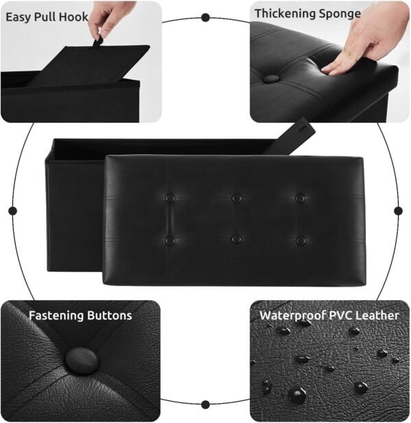 30 inches Folding Storage Ottoman, 80L Storage Bench for Bedroom and Hallway, Faux Leather Black Footrest with Foam Padded Seat, Support 350lbs - Image 6