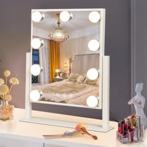 Hollywood Vanity Mirror with Lights, Tabletop Makeup Mirror with 9 LED Lights, 3 Colors Dimmable Touch Control Lighted Makeup Mirror with Lights, 360°Rotation