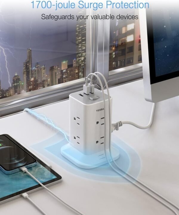 Tower Power Strip with 6 Feet Extension Cord, 8 Outlets 3 USB Chargers, 1700 Joules Surge Protection, Extension Cord with Multiple Outlets, 1875W, Office Supplies, Dorm Essentials, Charging Station - Image 3