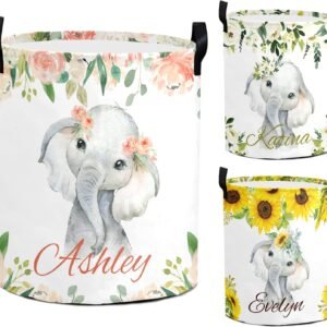 Personalized Baby Laundry Hamper Custom Nursery Hamper with Names for Girl Foldable Storage Organizer with Handles (Elephant)