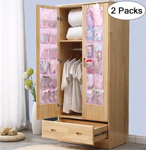 MISSLO Kids Over the Door Shoe Organizer Baby Hanging Shoe Rack Narrow Closet Storage bags with 12 Mesh Pockets for Girl Women Men Toddler Nursery, 2 Packs, Pink - Image 2