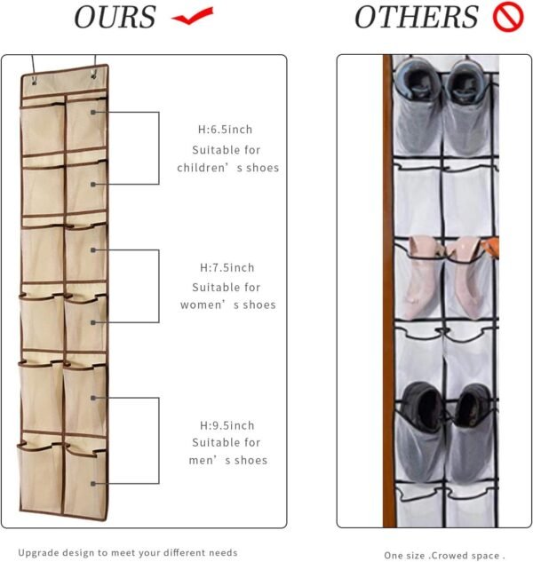 KEEPJOY Over The Door Shoe Organizer,Hanging Shoe Organizer 12 Mesh Pockets Shoe Organizer for Closet,Works Well for Men and Woman Kids Shoes Storage, 57.5×12.6inch(Beige) - Image 2