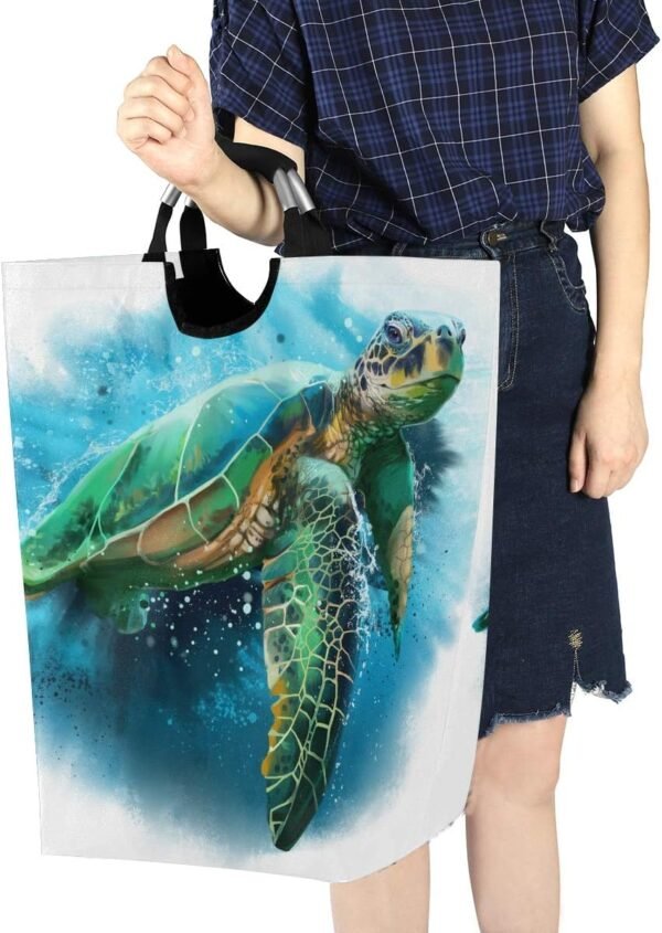 22.7"(H) Collapsible Laundry Hamper Watercolor Sea Turtle Laundry Basket Organizer Large with Handle Foldable Clothes Hamper - Image 7