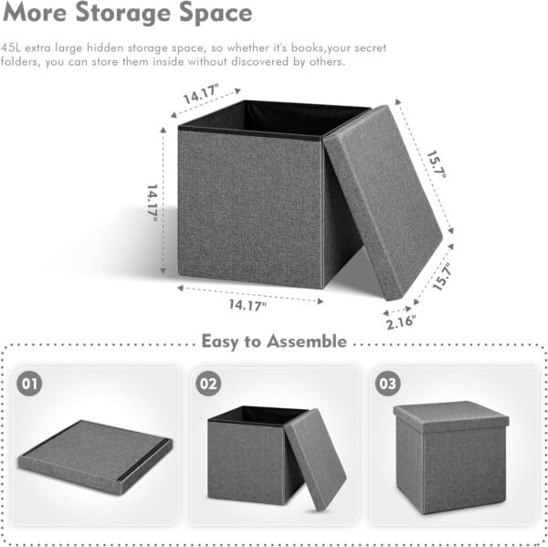 B FSOBEIIALEO Storage Ottoman with Tray, Small Ottomans Cube Folding Coffee Table Foot Stool Footrest Seat, Dark Grey Linen 16"X15.7"x15" - Image 3