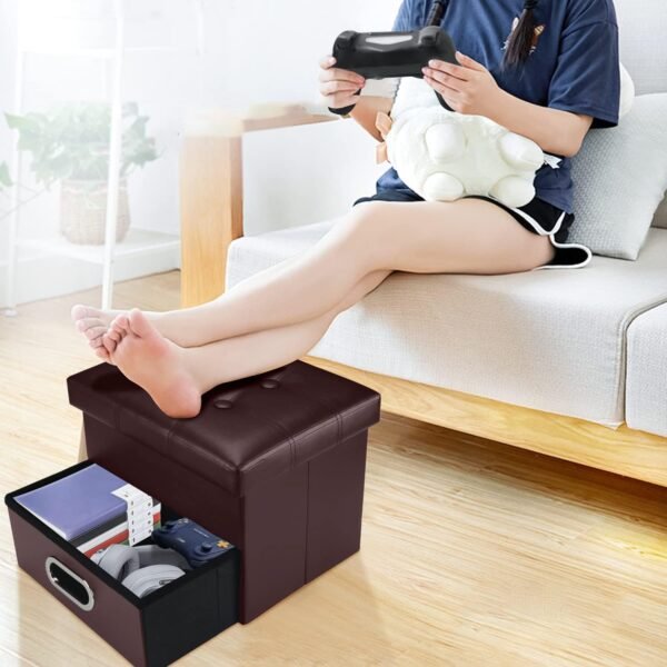 AmasSmile® Folding Storage Ottoman Foot Rest Stool with Drawers, 16 inch Leather Footstool Bench, Short Ottoman Bench, Storage Foot Rest Store, Books,Records Support 300 lbs, Brown - Image 2
