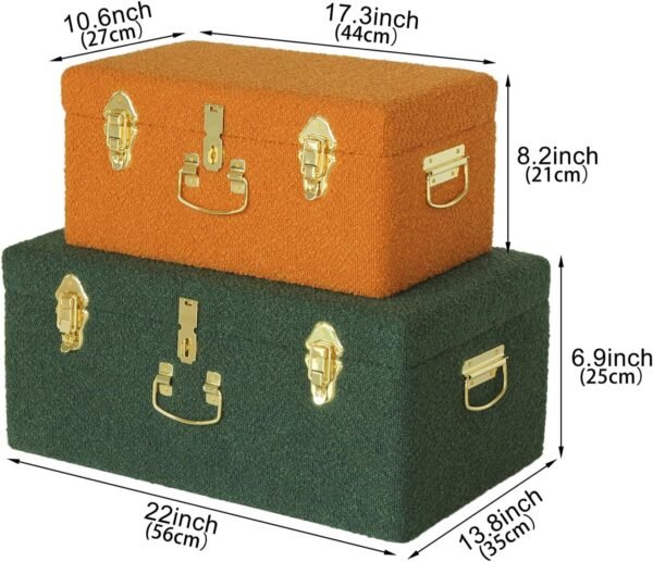 HofferRuffer Velvet Storage Trunk with wood Frame, Set of 2 bedroom Storage Chest with Handles, Organizer Decorative Box Hinged Lid with Gold Hardware Accents (Orange/Green) - Image 2