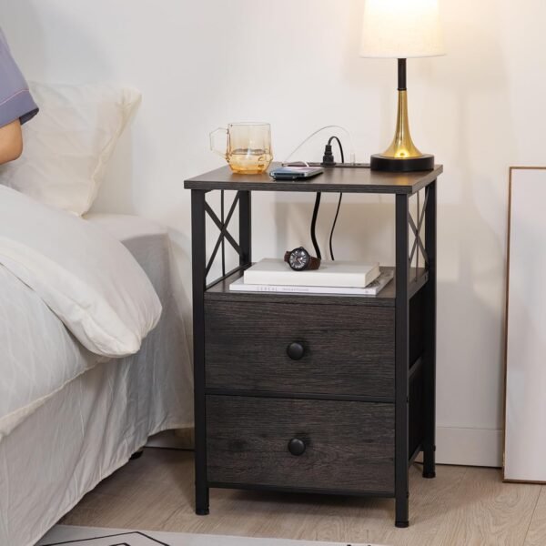 AMHANCIBLE Night Stand Set 2, Nightstand with Charging Station, End Tables Living Room with USB Ports and Outlets, Bedside Tables with Fabric Drawers for Bedroom, Dark Grey HET05XDG - Image 6
