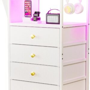 White Nightstand with Charging Station, LED Nightstand with 4 Fabric Storage Drawers, Small Dresser for Bedroom, Entryway, Hallway, College Dorm Furniture Tall Nightstand Bedside End Table