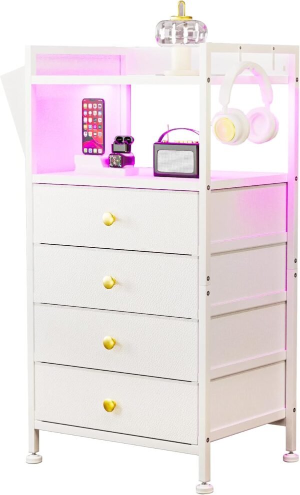 White Nightstand with Charging Station, LED Nightstand with 4 Fabric Storage Drawers, Small Dresser for Bedroom, Entryway, Hallway, College Dorm Furniture Tall Nightstand Bedside End Table