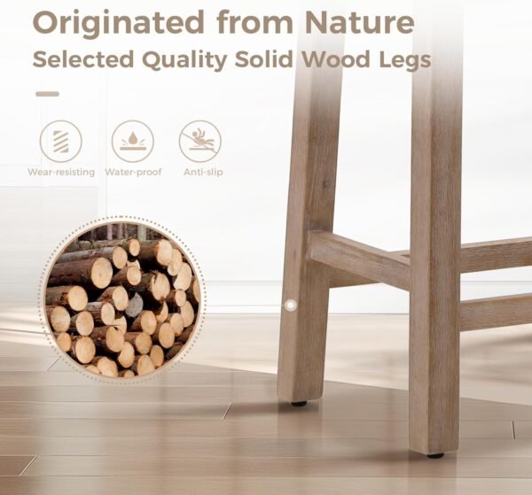 MAISON ARTS Off White Counter Height 24 inch Bar Stools Set of 3 for Kitchen Counter Solid Wood Legs with Faux Leather Padded Seat Farmhouse Barstools for 34"-38" Counter Island Upholstered Stools - Image 4