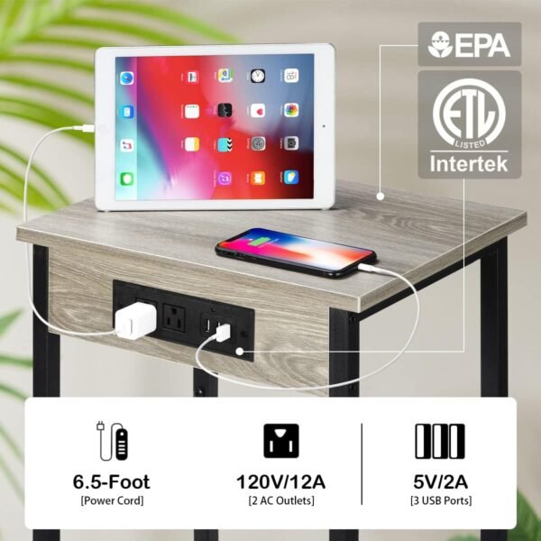 melos Nightstands with Charging Station, 2 Tier Bedside Table with USB Ports and Outlets, Narrow End Table with Storage Shelf, Side Tables for Bedroom, Living Room, Gray - Image 4