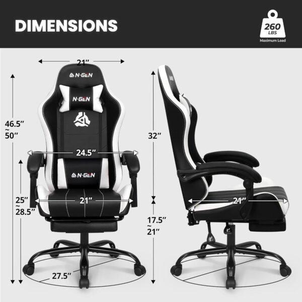 N-GEN GAMING Video Gaming Chair with Footrest High Back Ergonomic Comfortable Office Computer Desk with Lumbar Support Height Adjustable with PU Leather Recliner for Adults Women Men (White) - Image 3