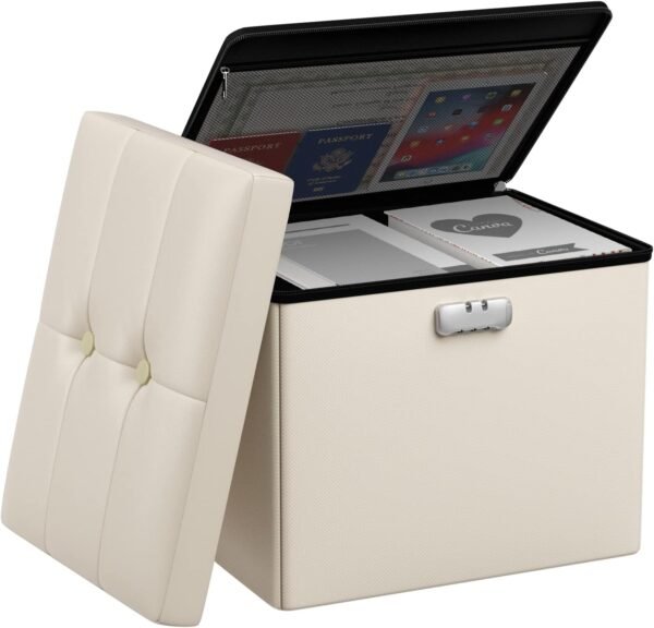 Tamfile Ottoman with Storage, Folding Storage Ottoman with Lock, Vanity Chair with Storage, Fireproof Waterproof Foot Rest Stool with Storage,17 Inches Short Ottoman, Ottoman for Living Room (Beige)
