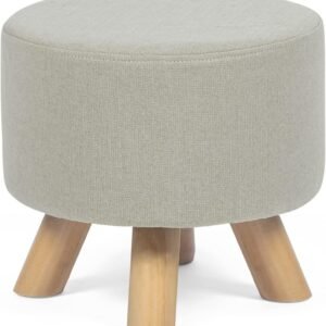 Asense Small Round Ottoman Foot Rest Stool Fabric Padded Seat Footstool Ottoman with Non-Skid Wooden Legs (Beige Grey,Fabric)