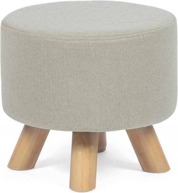 Asense Small Round Ottoman Foot Rest Stool Fabric Padded Seat Footstool Ottoman with Non-Skid Wooden Legs (Beige Grey,Fabric)