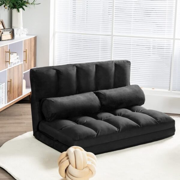 KOMFOTT Adjustable Floor Sofa Bed, Foldable Lazy Sofa Sleeper Bed with 6 Position Backrest & 2 Pillows, Convertible Futon Couch Bed with Suede Cloth Cover, Lounge Recliner for Living Room (Black) - Image 4