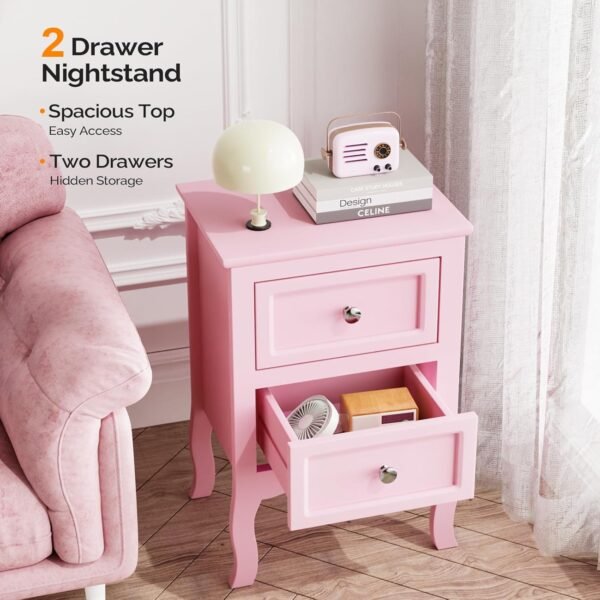 Bonnlo Nightstand with 2 Drawers, Night Stands for Bedrooms, Small Bed Side Table/White Night Stand with drawers for Small Spaces, College Dorm, Kids’ Room, Living Room, French, 16W x 12D x 24H, Pink - Image 7