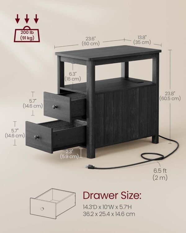 VASAGLE Side Table with Charging Station, Narrow Nightstand with 2 Drawers, Living Room End Table with Storage, for Small Spaces, Coastal Style, Charcoal Gray ULET322B22 - Image 3