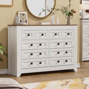 PAKASEPT 10 Drawers Dresser, Farmhouse Dresser for Bedroom, Wood Dressers & Chests of Drawers White Dresser Closet Organizers for Bedroom,Hallway