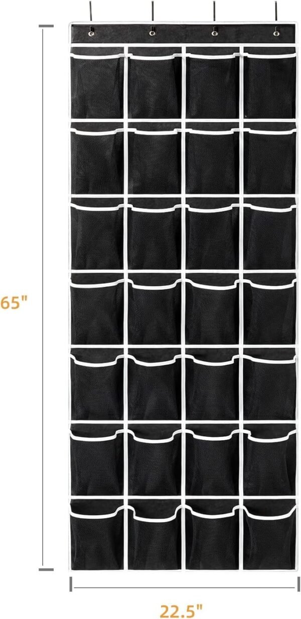 28 Pockets Over the Door Shoe Organzier, Hanging Shoe Organizer for Door Large Capacity Shoe Storage Bag with 4 Metal Hooks (Black-1Pack) - Image 2